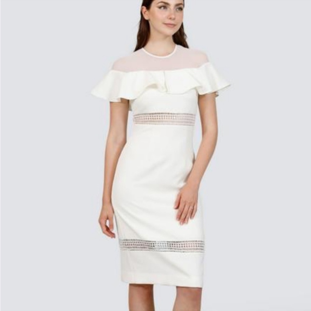 Nicole Miller White Mesh Yoke Ruffle Trim Sheath Dress Sz 2